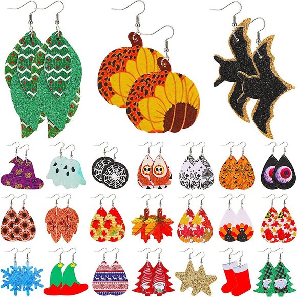 New 24 Pairs Seasonal Fall Faux Leather Earrings Teardrop Earrings Sunfl… - Picture 2 of 7